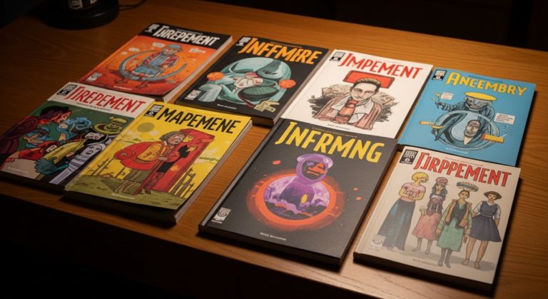 Comics independants colores etales sur un bureau en bois, ambiance creative