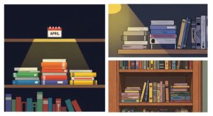 Bandes dessinees aux dos colores alignees sur une etagere avec calendrier avril, eclairage chaleureux