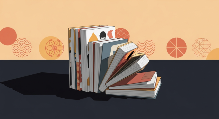 Collection de mangas seinen disposes sur une surface sombre avec motifs geometriques japonais