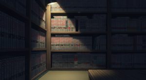 Coin de librairie japonaise avec des mangas seinen rares sur les etageres, ambiance tamisee