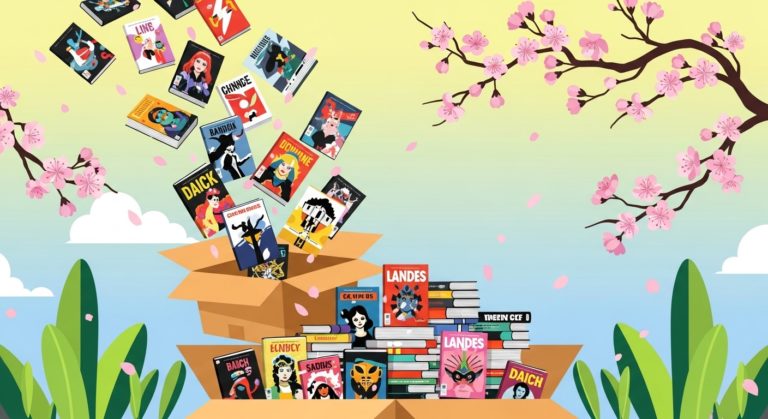 Nouvelles bandes dessinees sortant d un carton avec elements printaniers, fleurs de cerisier