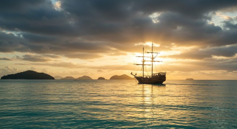 Voilier au coucher du soleil sur l'océan tropical