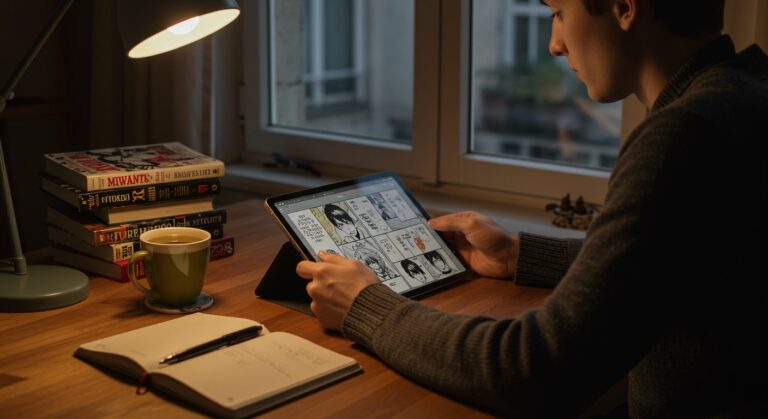 Lecture manga numérique : smartphone avec manga, tablette et tasse de thé sur un bureau — plateformes légales 2026 Manga Plus Mangas.io Izneo