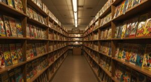 Rayonnage de librairie comics américaine vintage