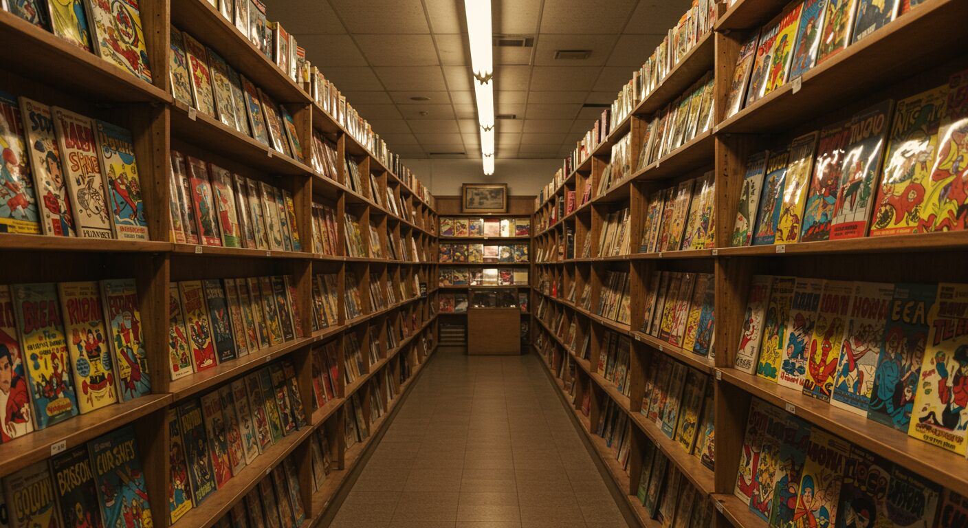 Rayonnage de librairie comics américaine vintage