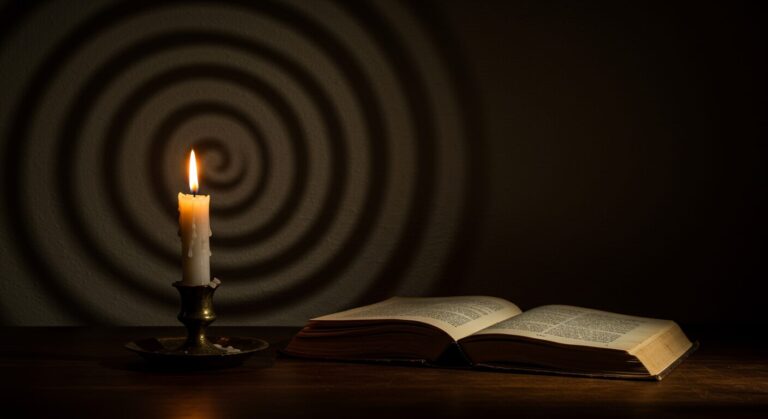 Bougie et livre ancien avec motif spirale au mur