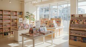 Librairie manga lumineuse : rayons de nouveautés mai 2026, présentoir de sorties BD japonaises, intérieur clair et aéré