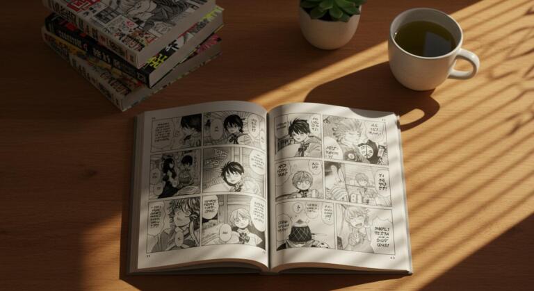 Manga ouvert sur un bureau en bois avec mug de thé vert et étagère de manga, planches noir et blanc visibles dans le sens de lecture japonais — guide débutant 2026