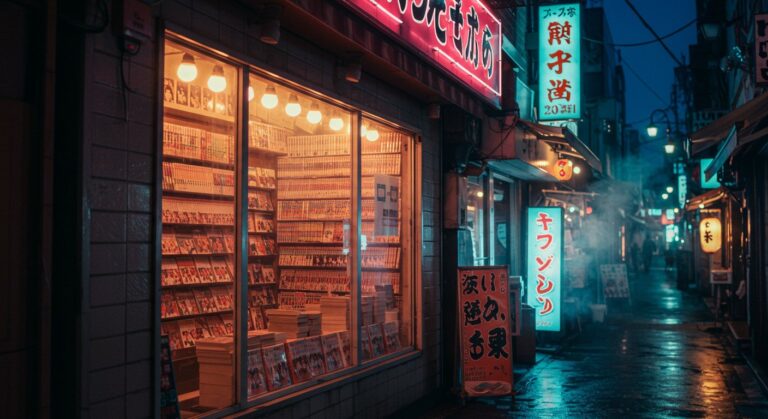 Vitrine d'une librairie manga à Akihabara la nuit, piles de tomes alignés, néons rose et cyan, ruelle mouillée — top 10 meilleurs manga 2026