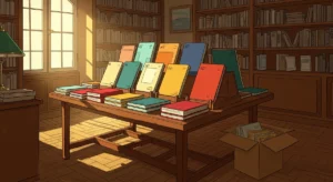 Illustration ligne claire d'une librairie BD française avec présentoir de nouveautés et carton de livraison entrouvert — sorties BD avril 2026 Cases Critiques