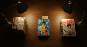 Comptoir de libraire avec trois zones de tri éditorial : pépites, zappes et surprise du mois — sorties manga avril 2026