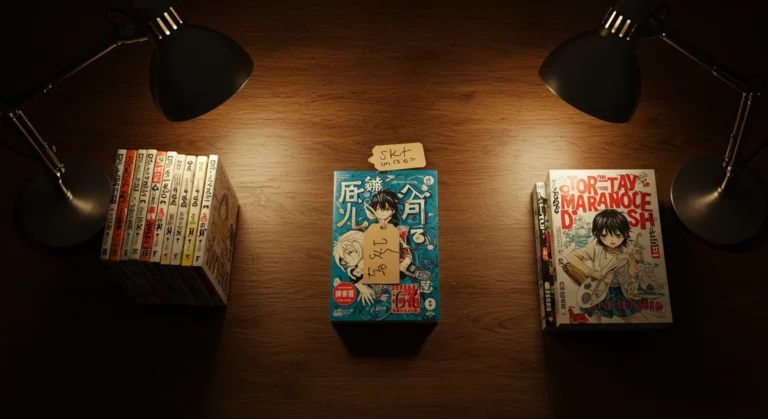 Comptoir de libraire avec trois zones de tri éditorial : pépites, zappes et surprise du mois — sorties manga avril 2026