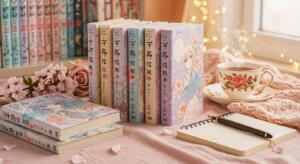 Pile de mangas tankōbon shojo et josei en couvertures pastel sur tissu rose, accompagnée d'une tasse de thé vintage, d'une branche de fleurs de cerisier et d'un carnet ouvert avec stylo plume