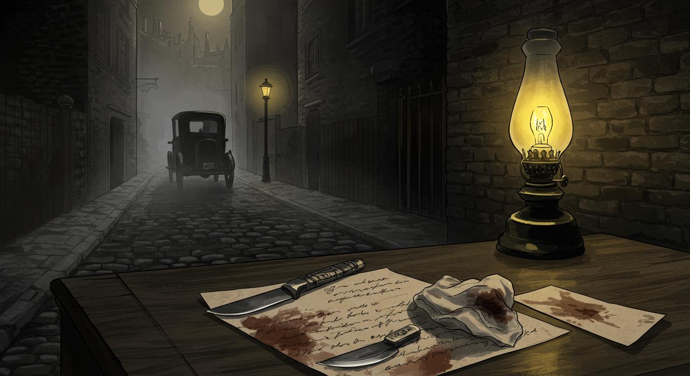 Ruelle de Whitechapel dans le brouillard victorien avec lampe à gaz et scalpel sur des lettres manuscrites, illustration évoquant From Hell d'Alan Moore et Eddie Campbell (1989-1998)