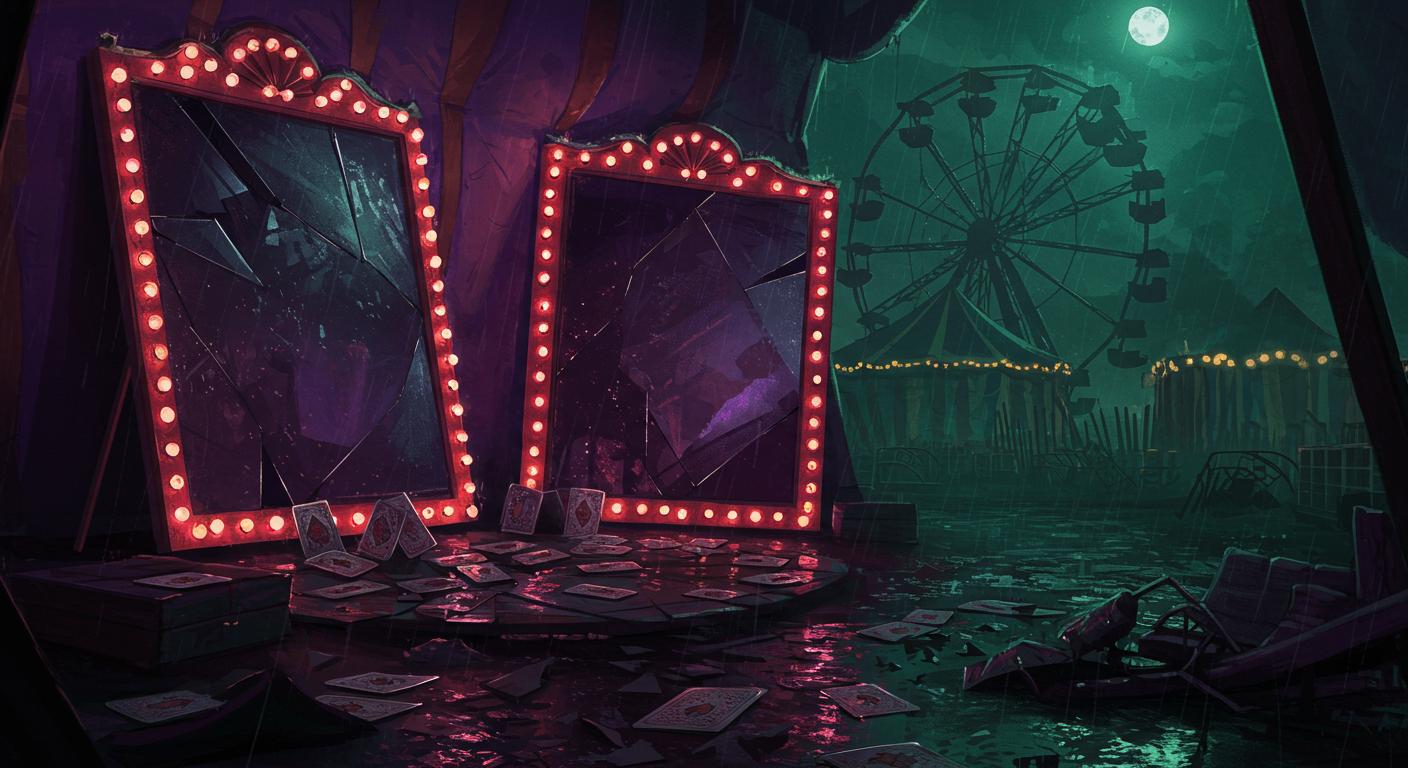 Fête foraine abandonnée la nuit avec miroirs déformants et grande roue brisée, illustration évoquant Batman The Killing Joke d'Alan Moore et Brian Bolland (1988)