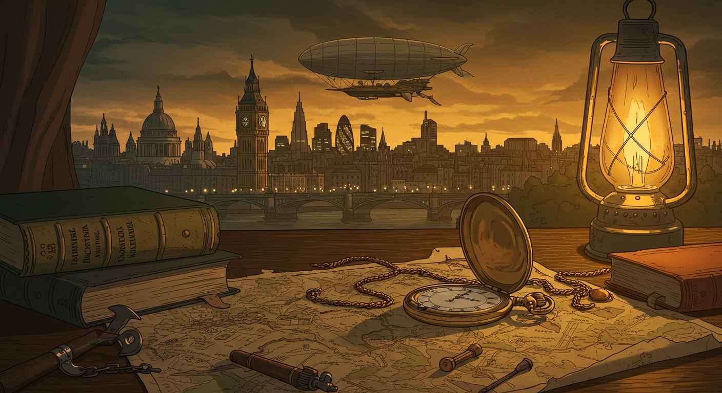 Skyline londonienne fin de siècle avec dirigeable et romans d'aventure, illustration évoquant The League of Extraordinary Gentlemen d'Alan Moore et Kevin O'Neill (1999)