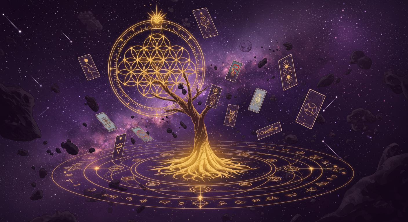 Arbre de vie kabbalistique cosmique avec cartes de tarot et géométrie sacrée, illustration évoquant Promethea d'Alan Moore et J.H. Williams III (1999-2005)