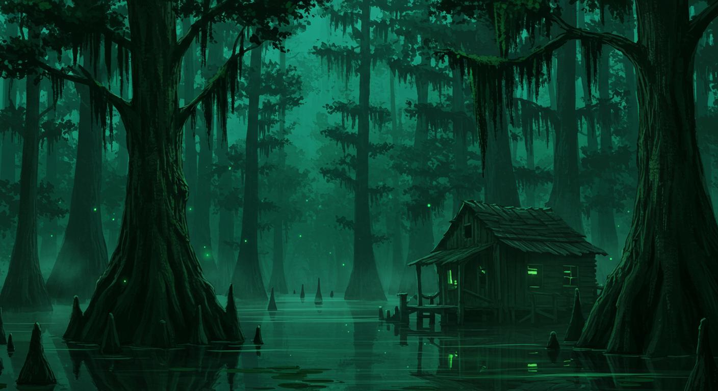 Atmosphère gothique d'un marais de Louisiane au crépuscule évoquant Saga of the Swamp Thing, l'œuvre d'Alan Moore avec Stephen Bissette et John Totleben (1984-1987)