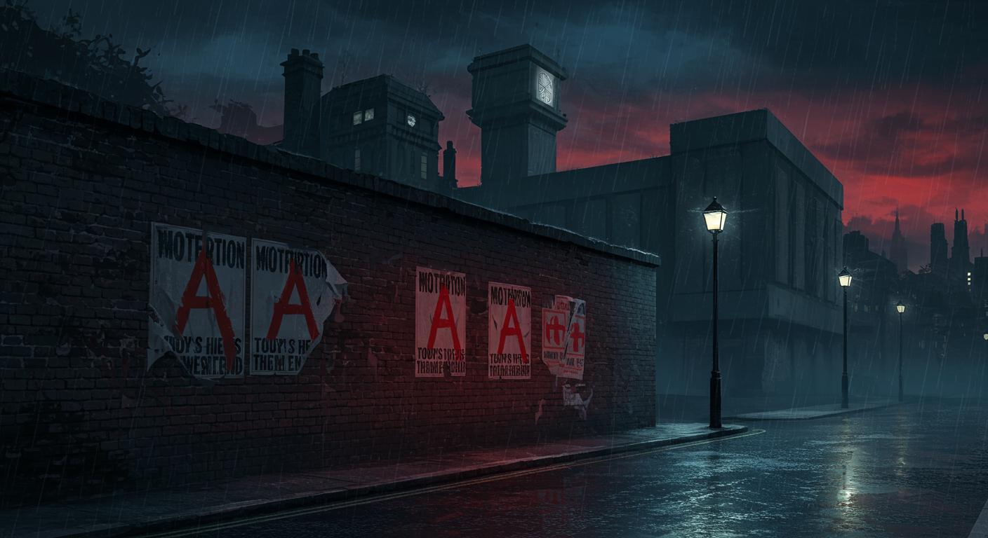 Rue londonienne dystopique sous la pluie avec affiches de propagande déchirées, illustration évoquant V for Vendetta d'Alan Moore et David Lloyd (1982-1989)