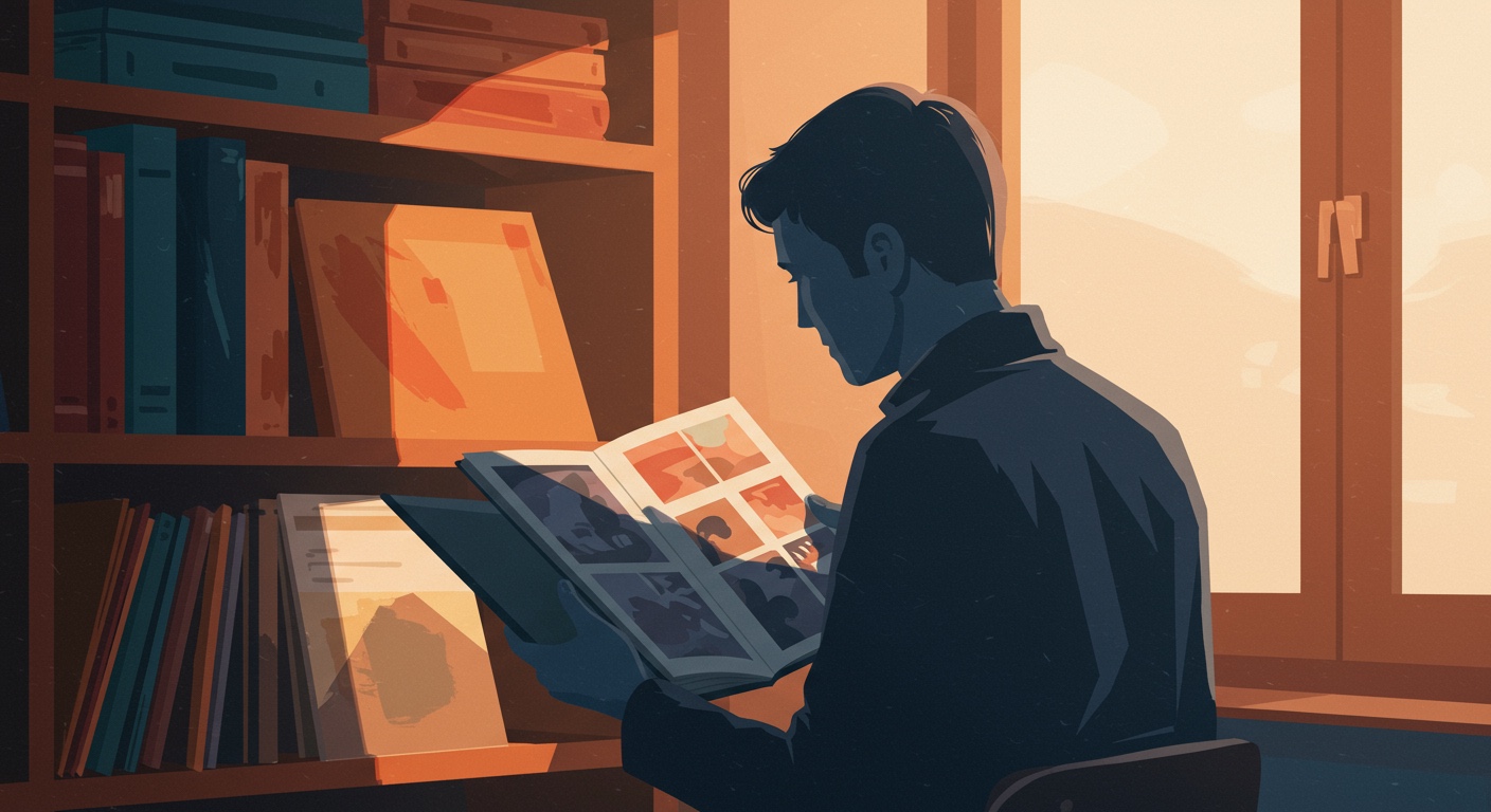 Illustration éditoriale : lecteur de bande dessinée près d'une fenêtre, étagères d'albums BD