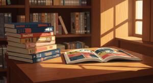 Illustration éditoriale : pile de mangas sur un comptoir de librairie, volume ouvert, étagères en arrière-plan — sorties manga juin 2026