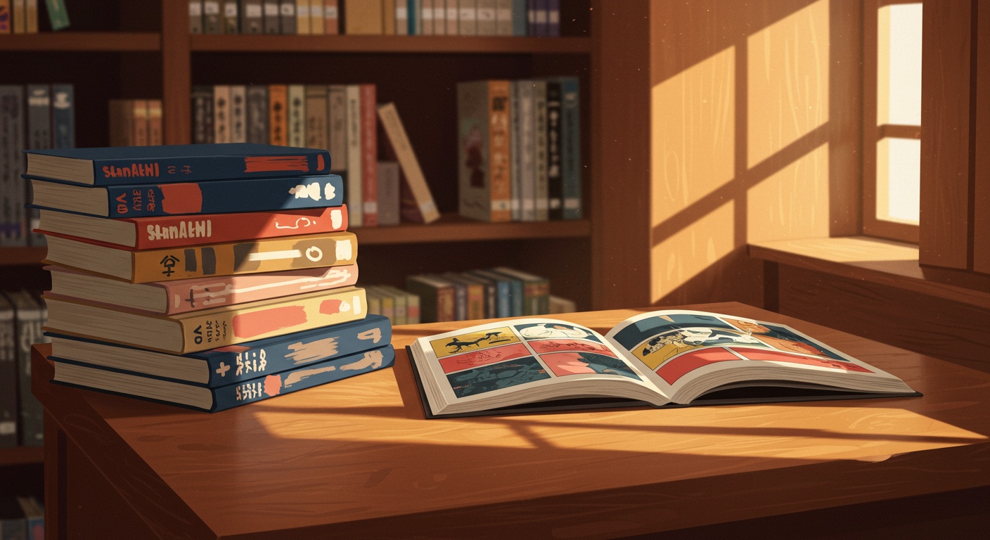 Illustration éditoriale : pile de mangas sur un comptoir de librairie, volume ouvert, étagères en arrière-plan — sorties manga juin 2026