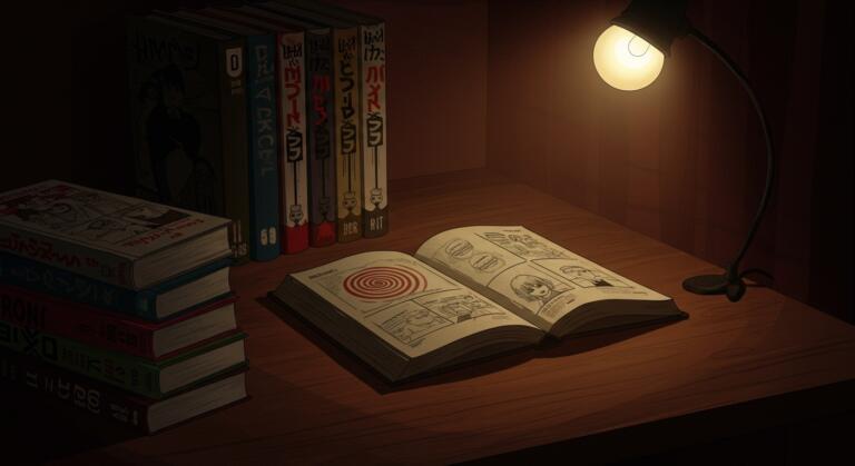 Top manga horreur : bureau de lecture avec manga ouvert sur motif spirale concentrique (référence Junji Ito Uzumaki), ambiance malaisante éclairée par une lampe
