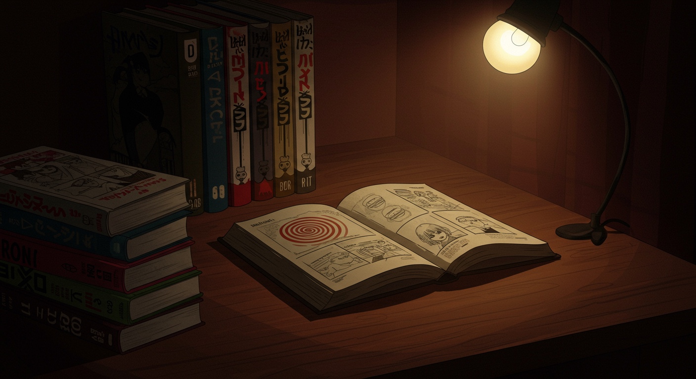 Top manga horreur : bureau de lecture avec manga ouvert sur motif spirale concentrique (référence Junji Ito Uzumaki), ambiance malaisante éclairée par une lampe