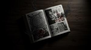 Junji Ito manga horreur : manga ouvert sur des spirales et visages déformés en noir et blanc, ambiance sombre — guide complet de l'œuvre du maître de l'horreur manga
