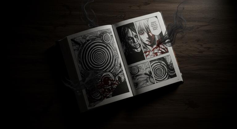 Junji Ito manga horreur : manga ouvert sur des spirales et visages déformés en noir et blanc, ambiance sombre — guide complet de l'œuvre du maître de l'horreur manga