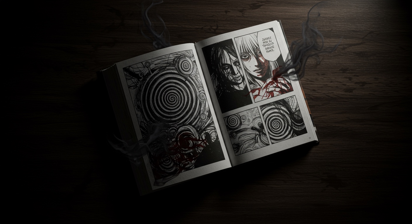 Junji Ito manga horreur : manga ouvert sur des spirales et visages déformés en noir et blanc, ambiance sombre — guide complet de l'œuvre du maître de l'horreur manga