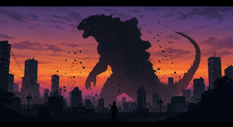 Kaiju géant émergeant d'une ville japonaise - illustration pour la critique du manga Kaiju No. 8