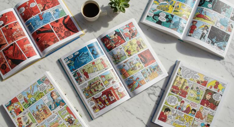 Romans graphiques ouverts sur une table en marbre montrant des pages illustrées colorées - guide de lecture