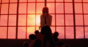 Scène de l'anime Chainsaw Man saison 1 : silhouette de Makima assise devant une fenêtre au coucher de soleil, ambiance cinématique rouge et orange