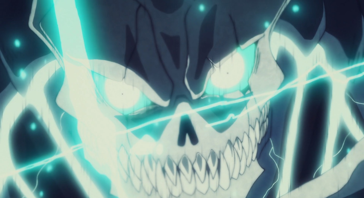 Kaiju No. 8 en transformation, yeux lumineux cyan - visual anime arc final