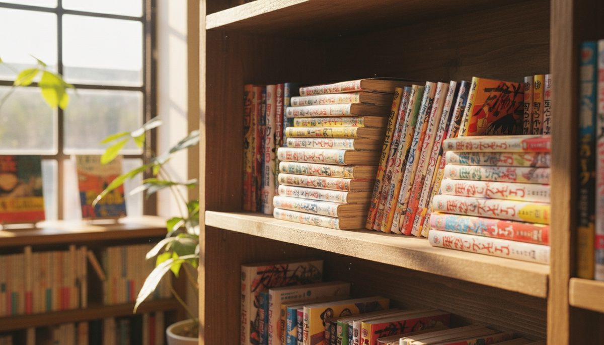 Pile de mangas colorés sur une étagère en bois de librairie, lumière chaude estivale