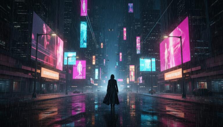 Rue d'une mégapole futuriste sous la pluie la nuit, panneaux holographiques magenta et cyan reflétés sur l'asphalte, silhouette solitaire de dos — illustration d'ouverture