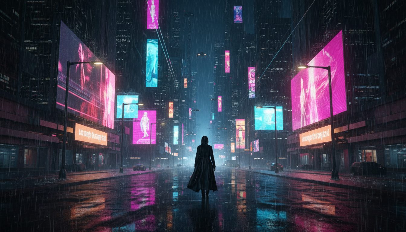 Rue d'une mégapole futuriste sous la pluie la nuit, panneaux holographiques magenta et cyan reflétés sur l'asphalte, silhouette solitaire de dos — illustration d'ouverture