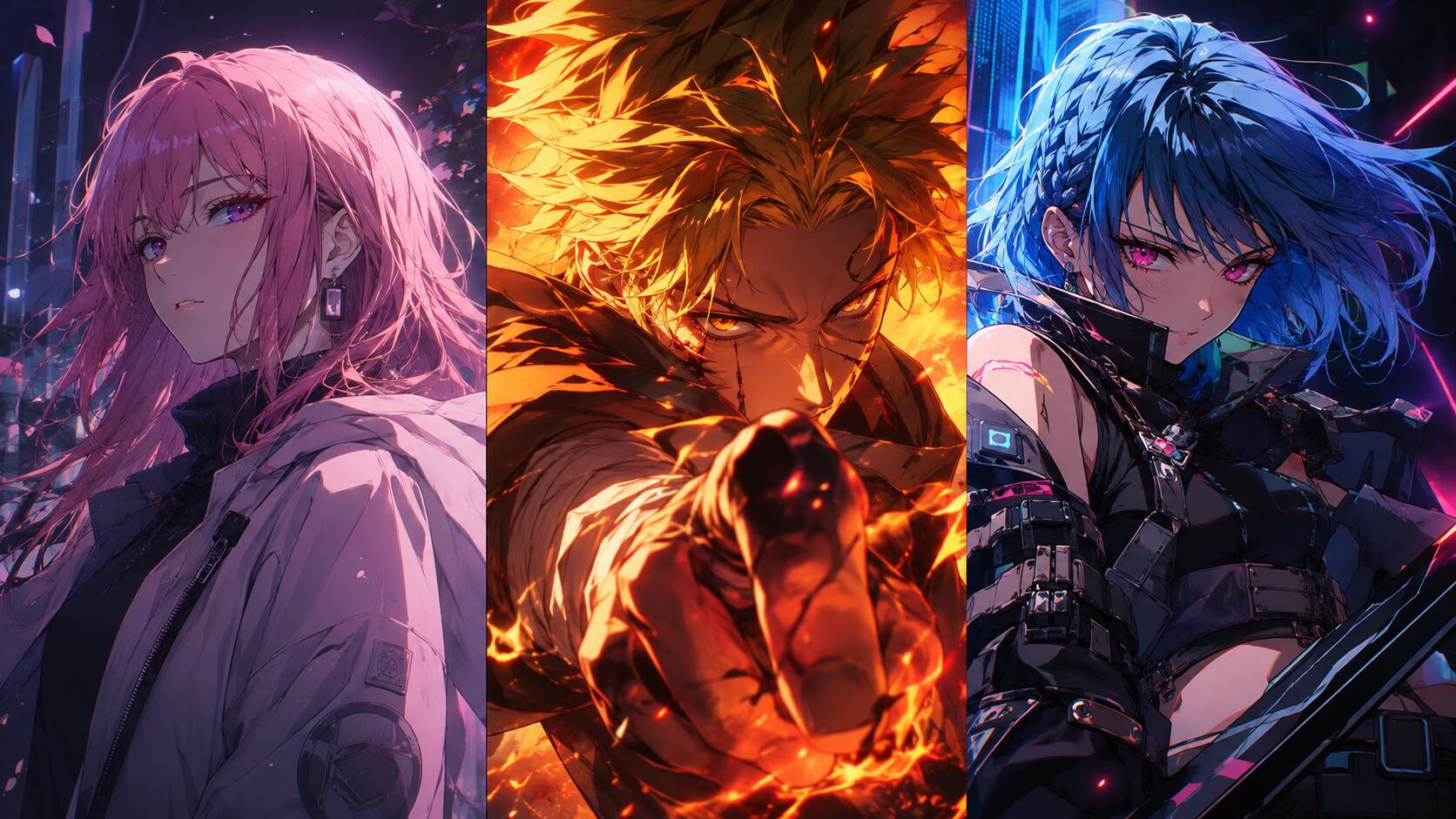 Triptyque de trois personnages d'animation japonaise en couleurs néon, illustration d'ouverture du bilan de la saison anime de l'été 2026